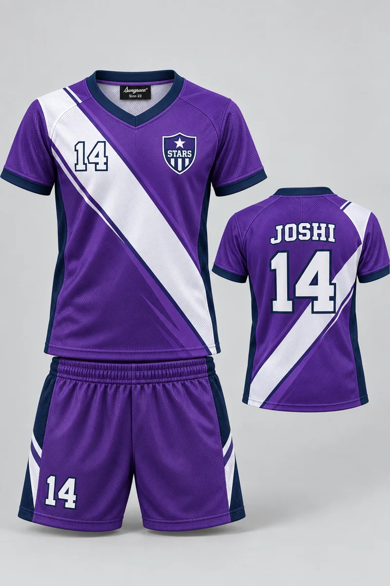 Children's Kabaddi kit: Violet Stride, JOSHI 14, team crest and Sungrace neck label
