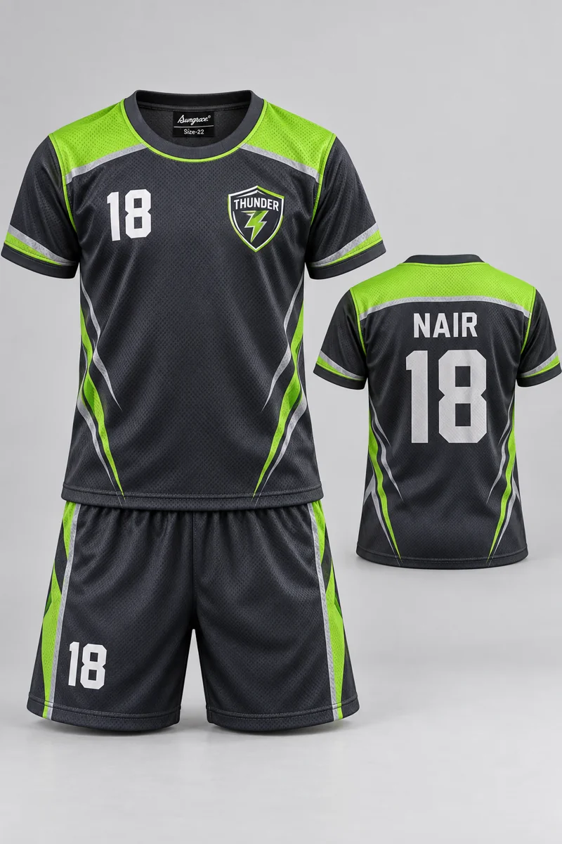 Children's Kabaddi kit: Charcoal Sprint, NAIR 18, team crest and Sungrace neck label
