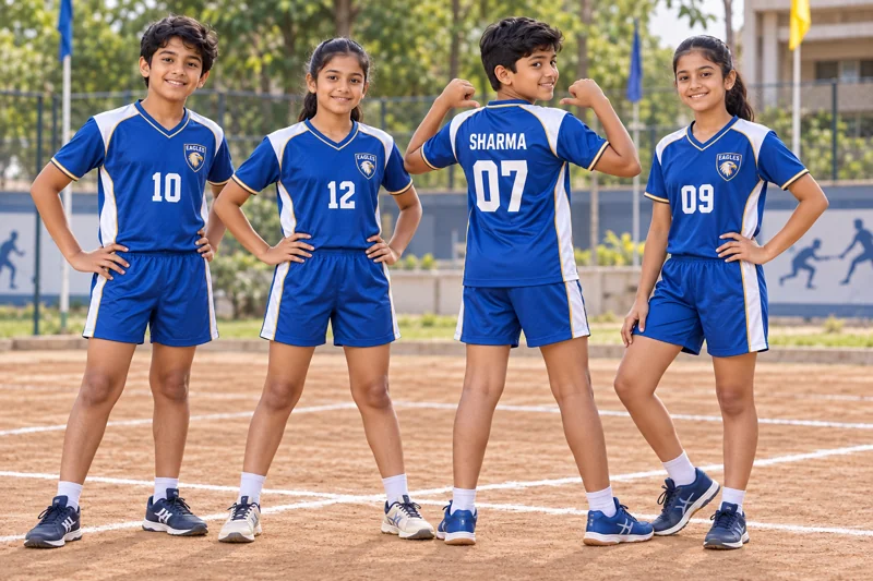 Schoolchildren wearing Kabaddi team uniforms
