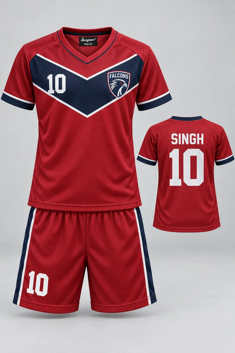 Children's Kho-Kho kit: Crimson Chevron, SINGH 10, team crest and Sungrace neck label