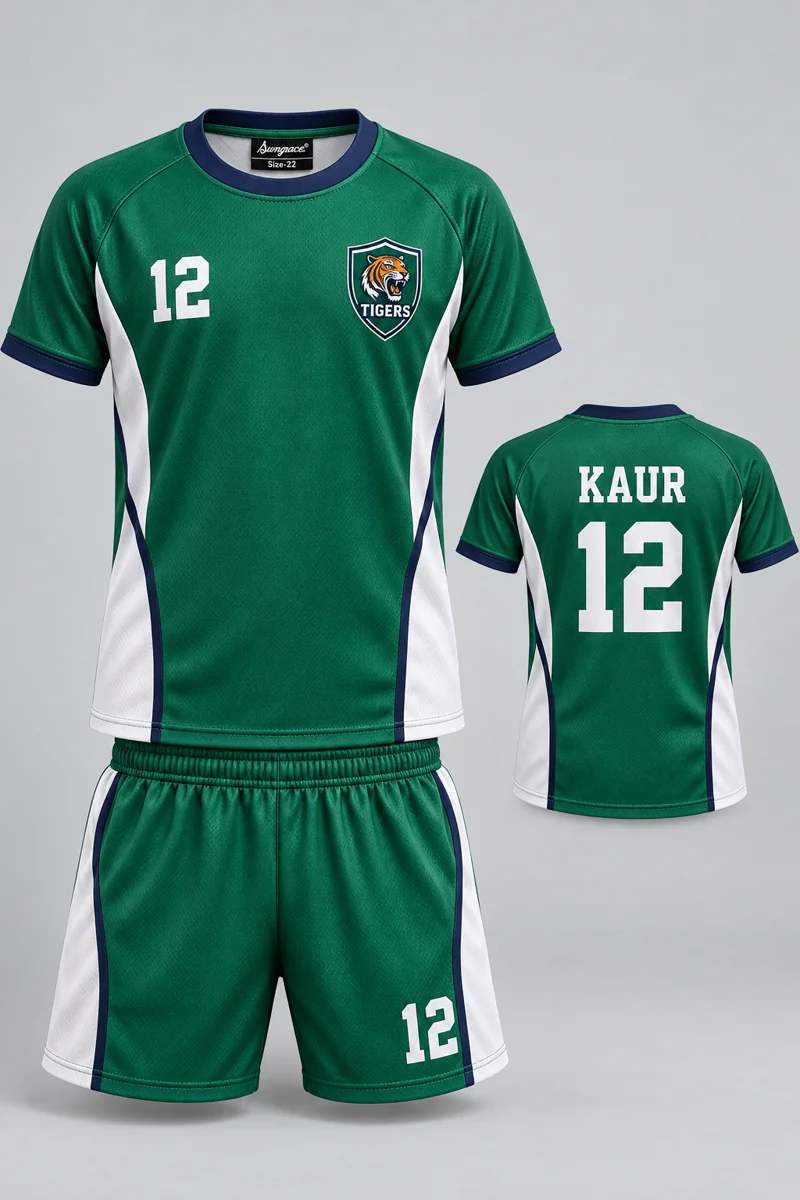 Children's Kho-Kho kit: Emerald Side Panel, KAUR 12, team crest and Sungrace neck label