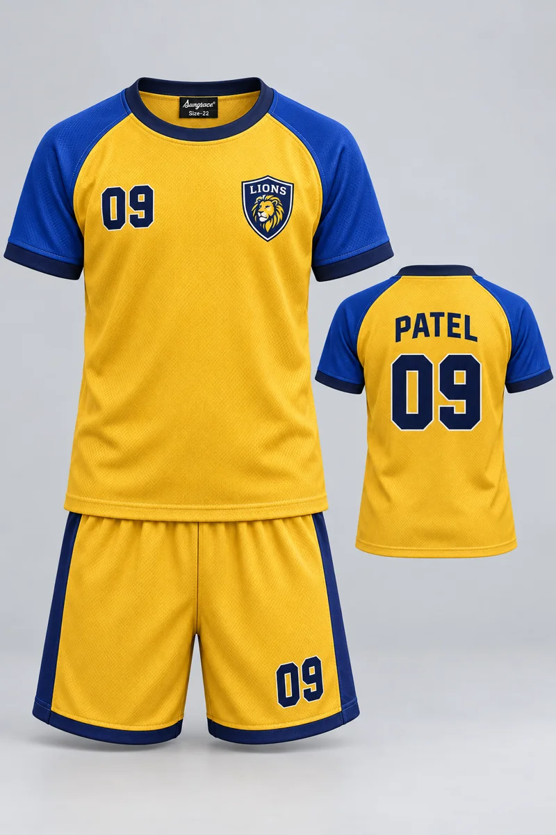Children's Kho-Kho kit: Sunrise Gold, PATEL 09, team crest and Sungrace neck label