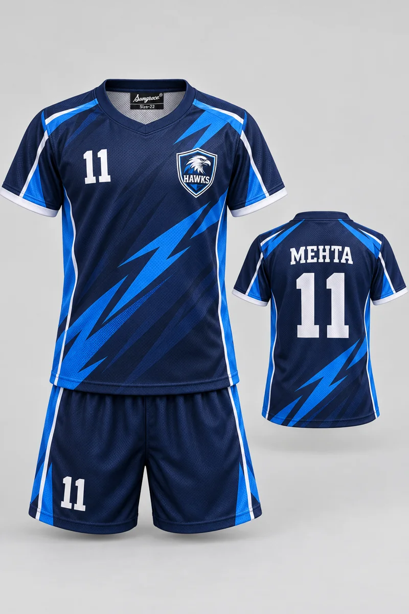 Children's Kho-Kho kit: Navy Lightning, MEHTA 11, team crest and Sungrace neck label