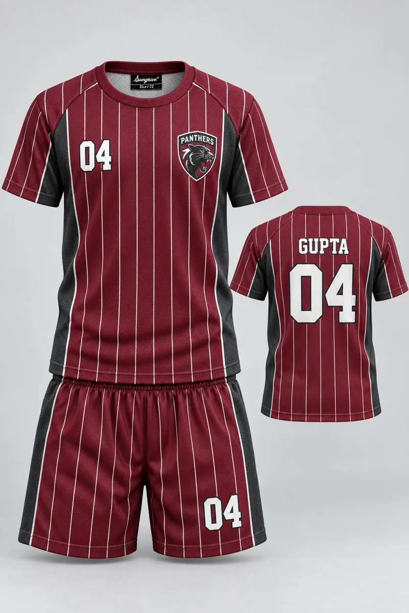 Children's Kho-Kho kit: Burgundy Pinstripe, GUPTA 04, team crest and Sungrace neck label