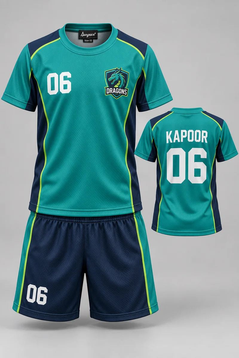 Children's Kho-Kho kit: Teal Contour, KAPOOR 06, team crest and Sungrace neck label