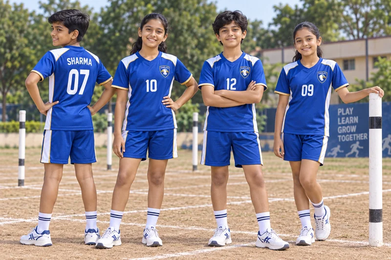 Schoolchildren wearing Kho-Kho team uniforms