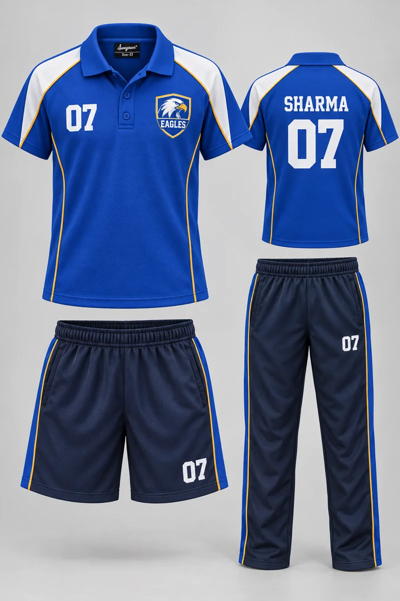 Children's School PE & Team Kits kit: Classic Royal, SHARMA 07, team crest and Sungrace neck label