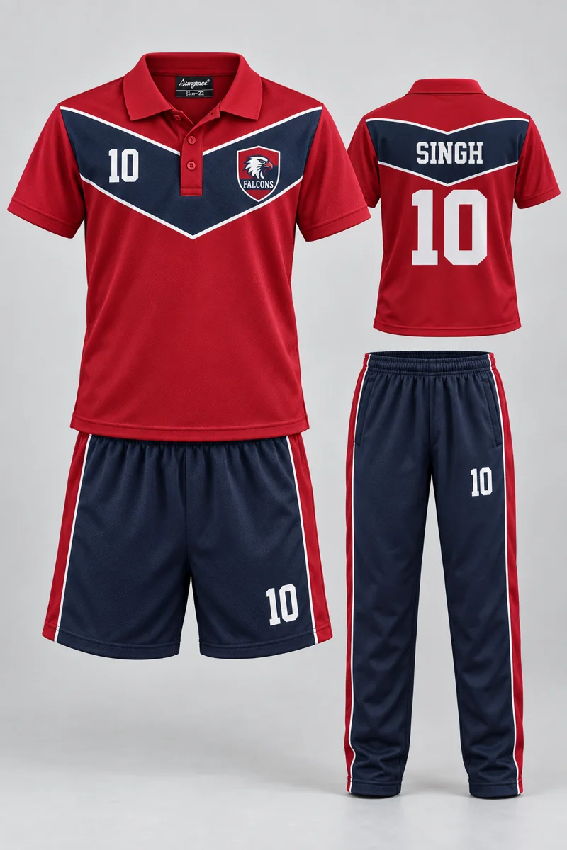 Children's School PE & Team Kits kit: Crimson Chevron, SINGH 10, team crest and Sungrace neck label