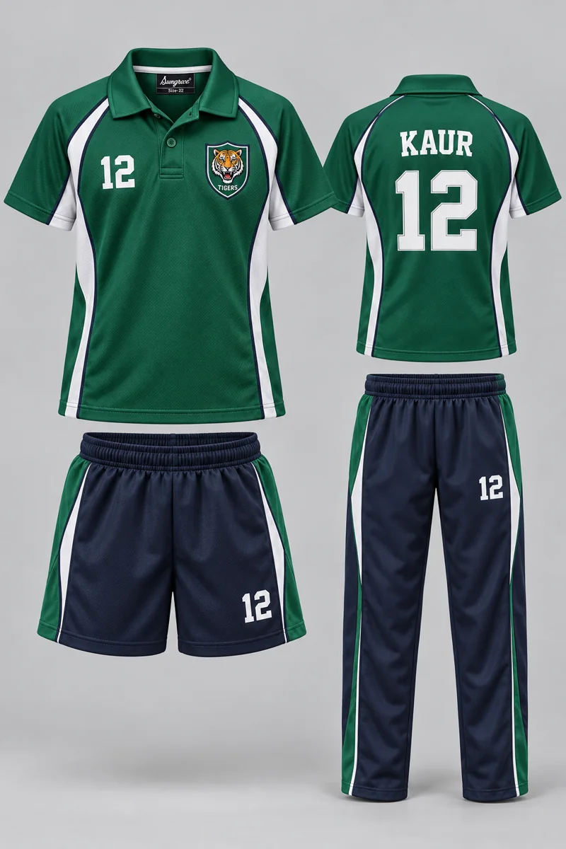 Children's School PE & Team Kits kit: Emerald Side Panel, KAUR 12, team crest and Sungrace neck label