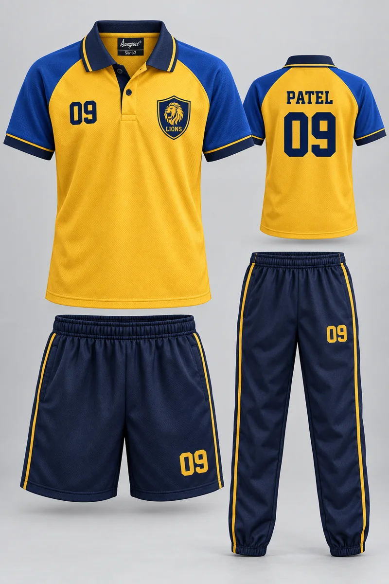 Children's School PE & Team Kits kit: Sunrise Gold, PATEL 09, team crest and Sungrace neck label