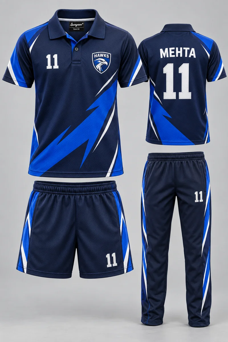 Children's School PE & Team Kits kit: Navy Lightning, MEHTA 11, team crest and Sungrace neck label