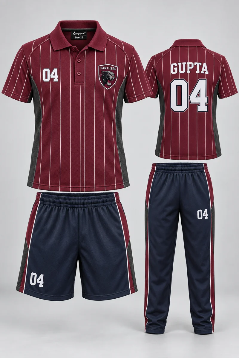 Children's School PE & Team Kits kit: Burgundy Pinstripe, GUPTA 04, team crest and Sungrace neck label