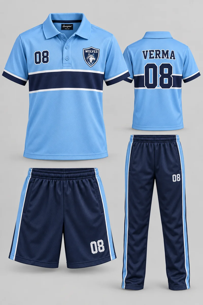 Children's School PE & Team Kits kit: Sky Horizon, VERMA 08, team crest and Sungrace neck label