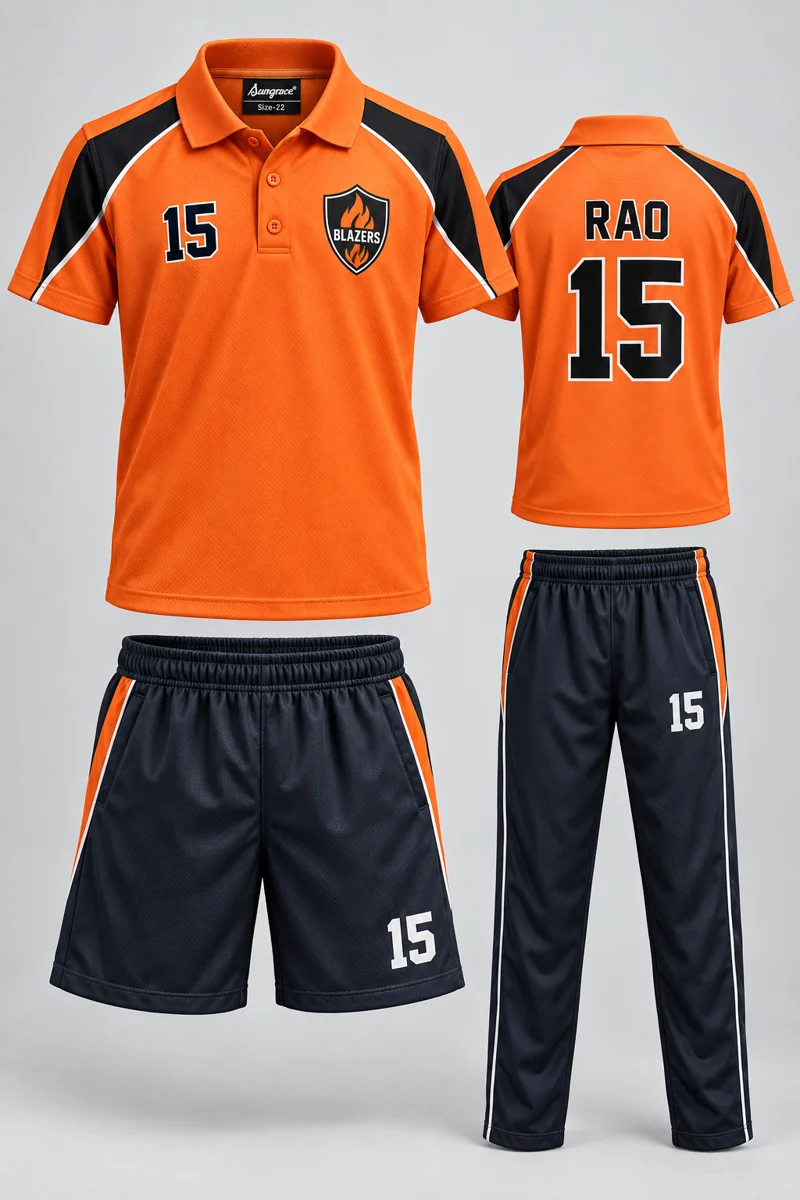 Children's School PE & Team Kits kit: Orange Velocity, RAO 15, team crest and Sungrace neck label