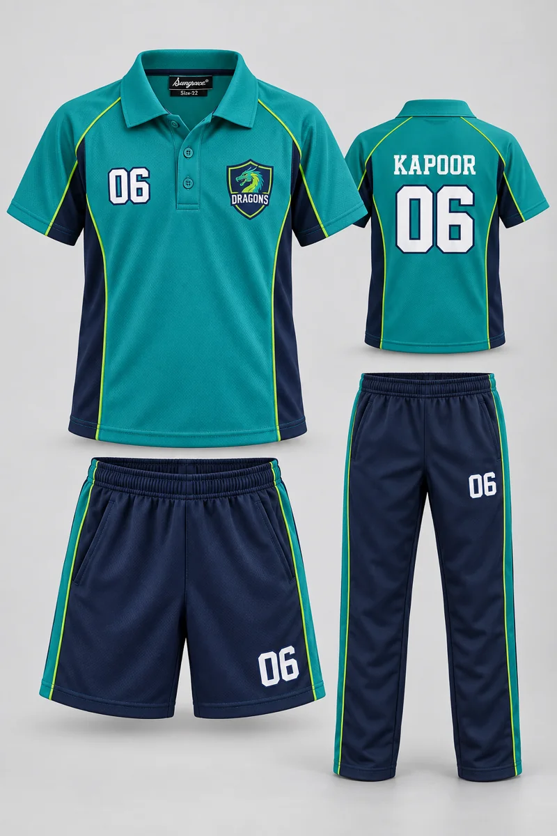 Children's School PE & Team Kits kit: Teal Contour, KAPOOR 06, team crest and Sungrace neck label