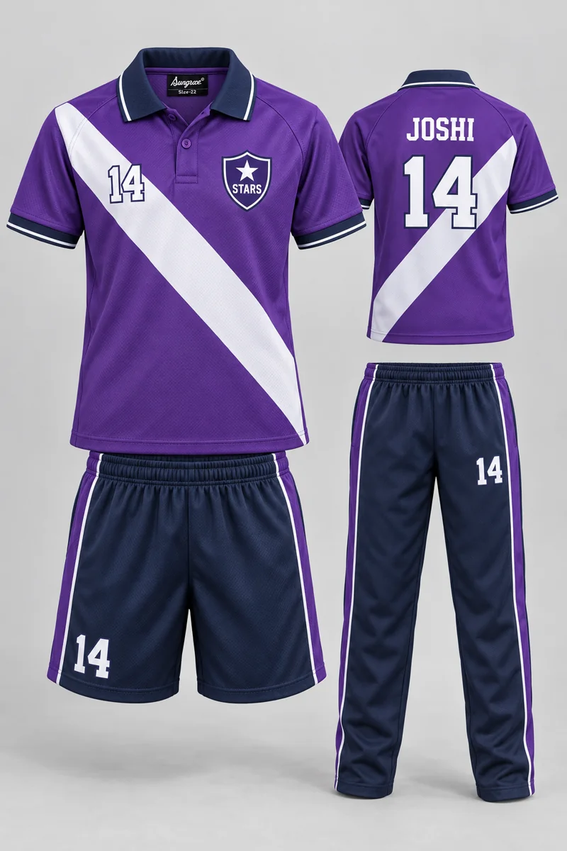 Children's School PE & Team Kits kit: Violet Stride, JOSHI 14, team crest and Sungrace neck label