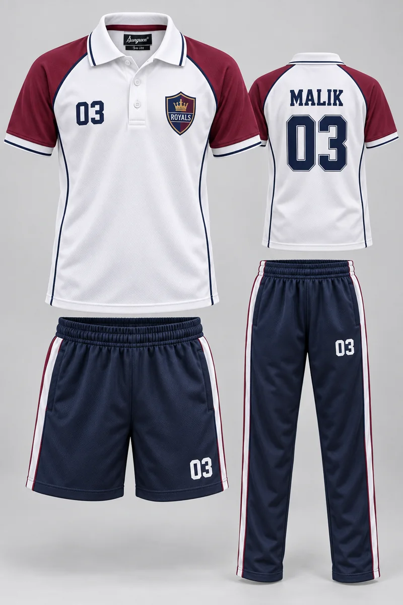 Children's School PE & Team Kits kit: White Contrast, MALIK 03, team crest and Sungrace neck label