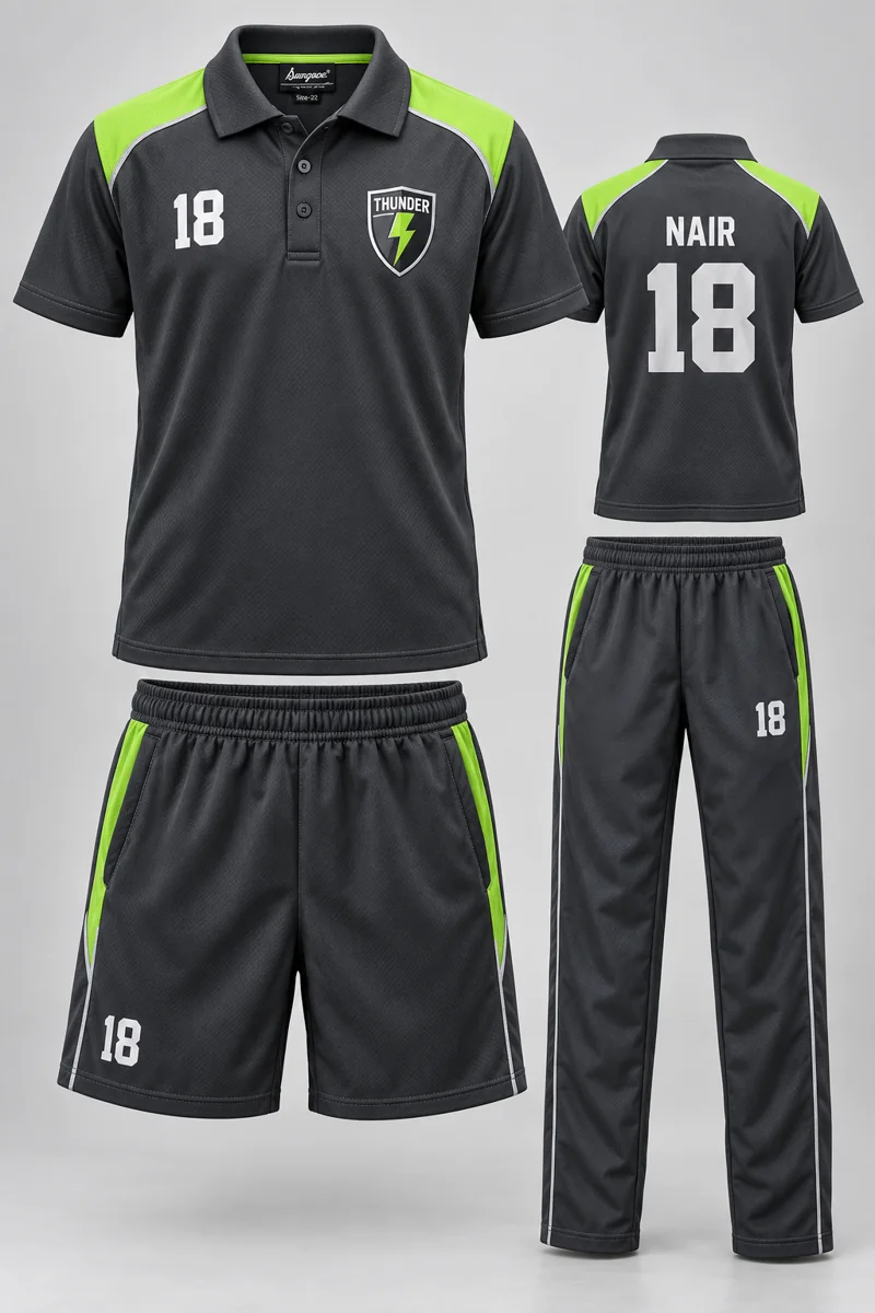 Children's School PE & Team Kits kit: Charcoal Sprint, NAIR 18, team crest and Sungrace neck label