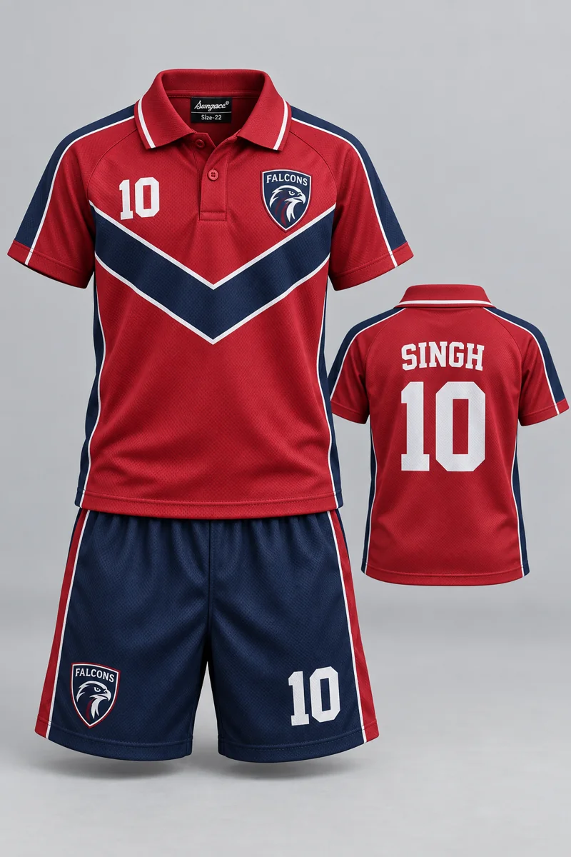 Children's Table Tennis kit: Crimson Chevron, SINGH 10, team crest and Sungrace neck label