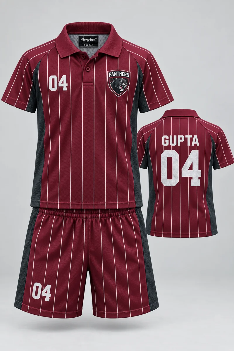 Children's Table Tennis kit: Burgundy Pinstripe, GUPTA 04, team crest and Sungrace neck label