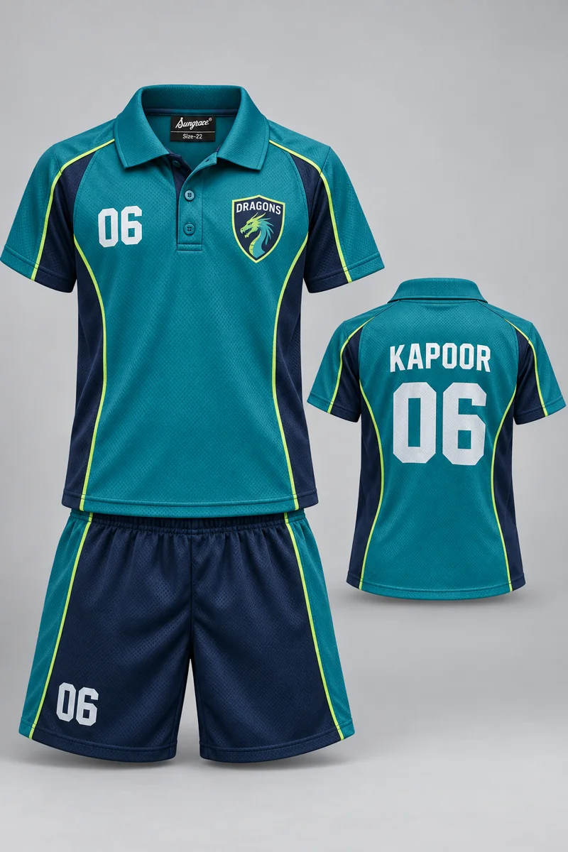 Children's Table Tennis kit: Teal Contour, KAPOOR 06, team crest and Sungrace neck label