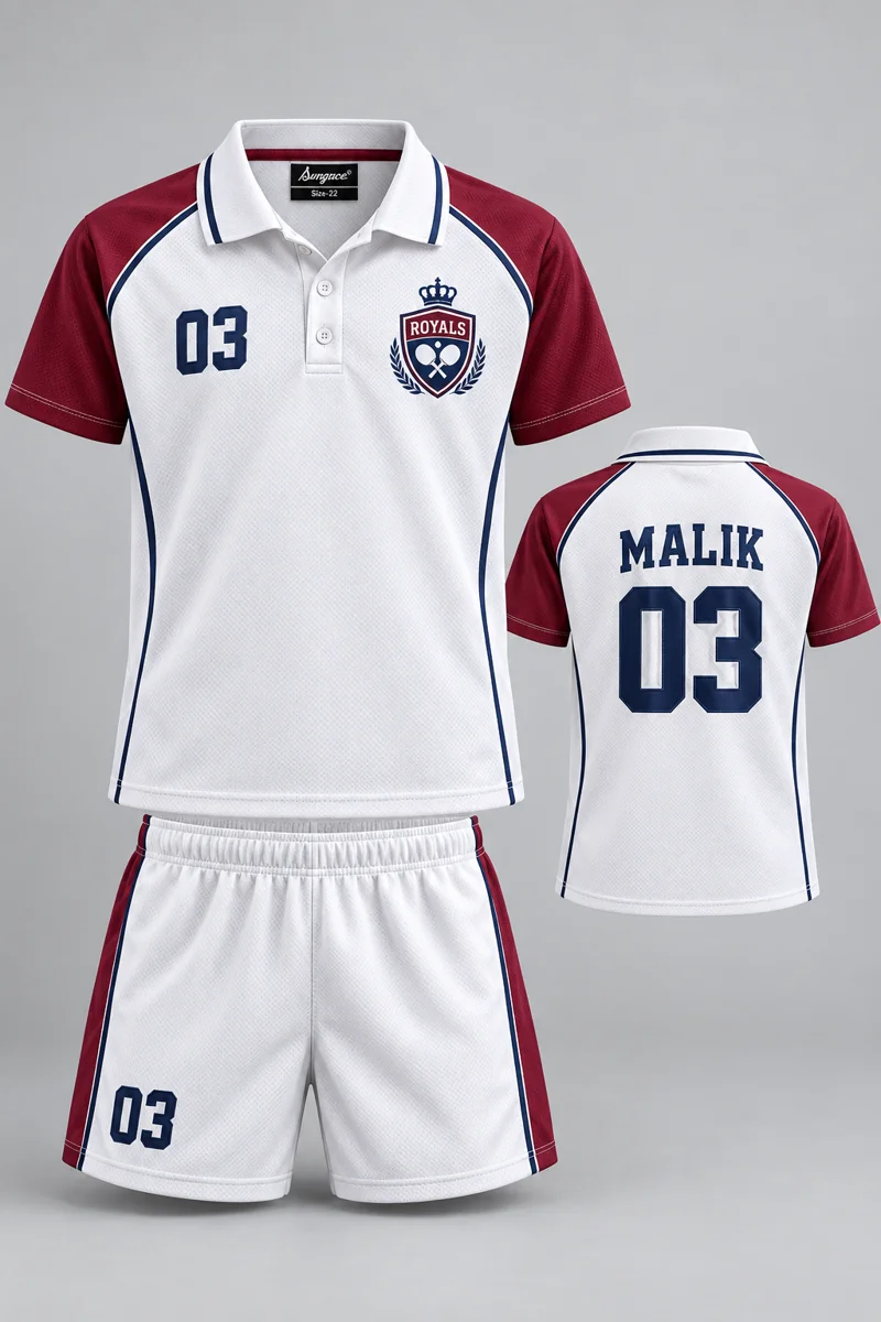 Children's Table Tennis kit: White Contrast, MALIK 03, team crest and Sungrace neck label
