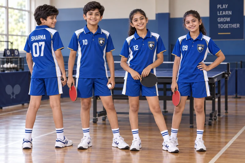 Schoolchildren wearing Table Tennis team uniforms
