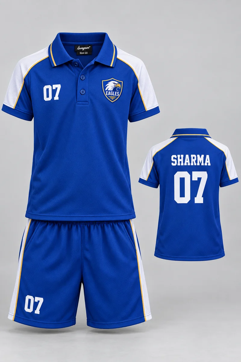 Children's Tennis kit: Classic Royal, SHARMA 07, team crest and Sungrace neck label