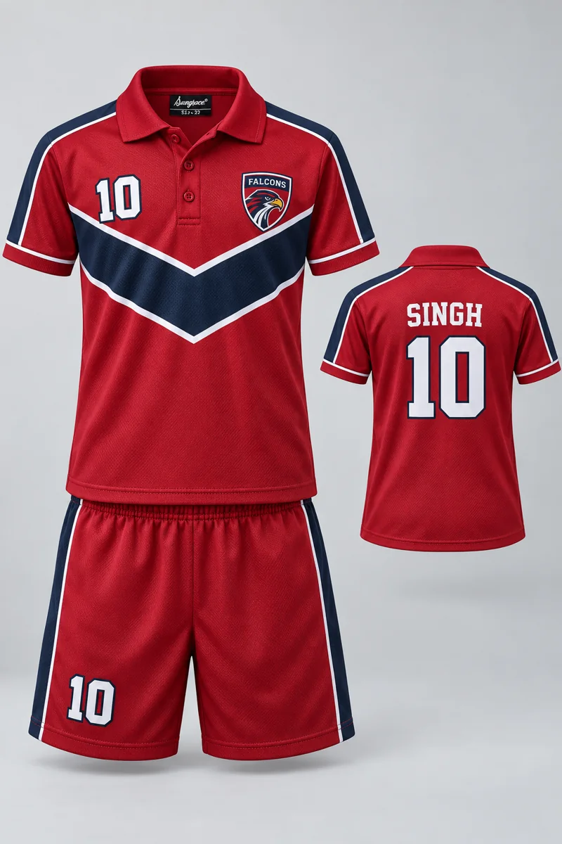 Children's Tennis kit: Crimson Chevron, SINGH 10, team crest and Sungrace neck label