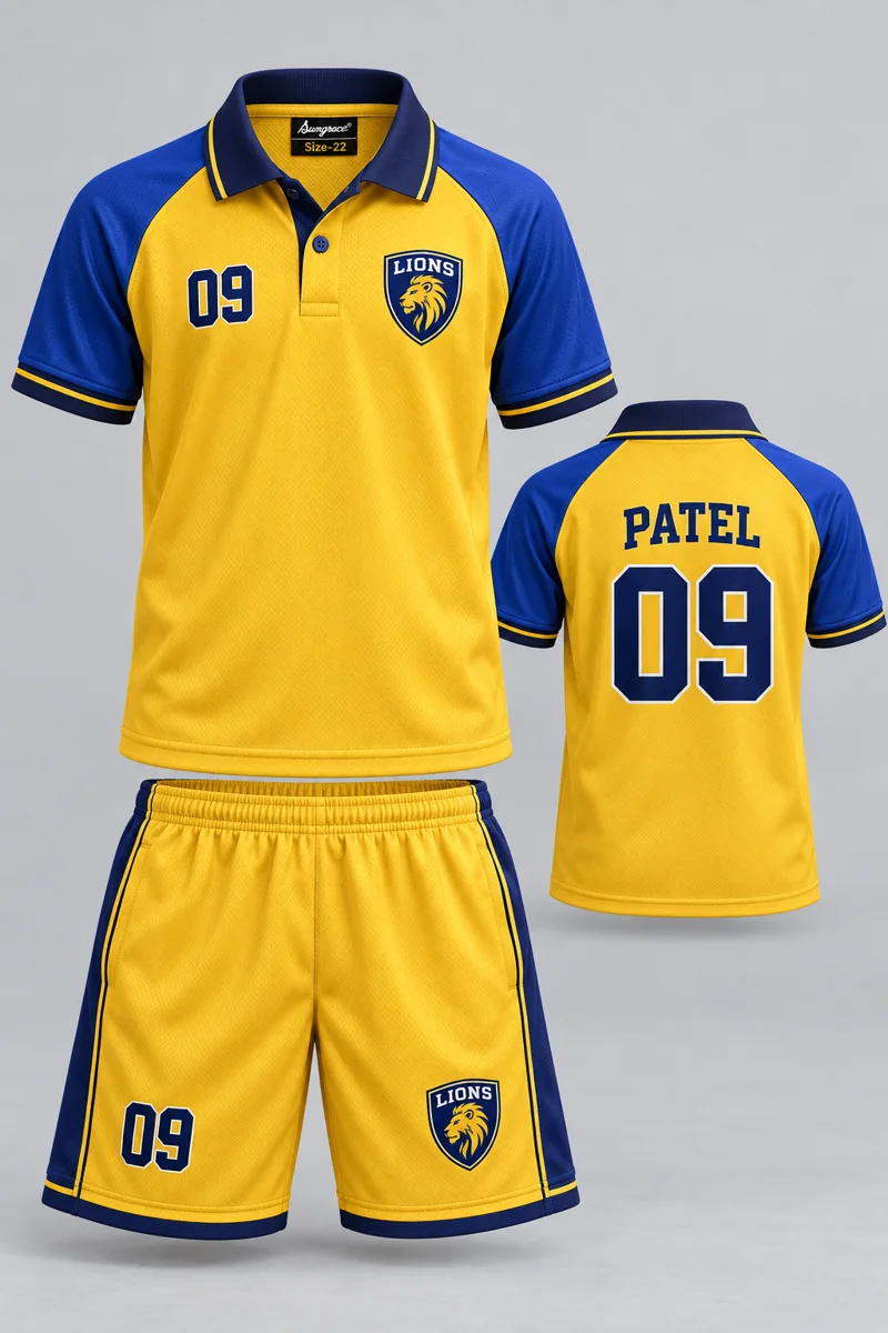 Children's Tennis kit: Sunrise Gold, PATEL 09, team crest and Sungrace neck label