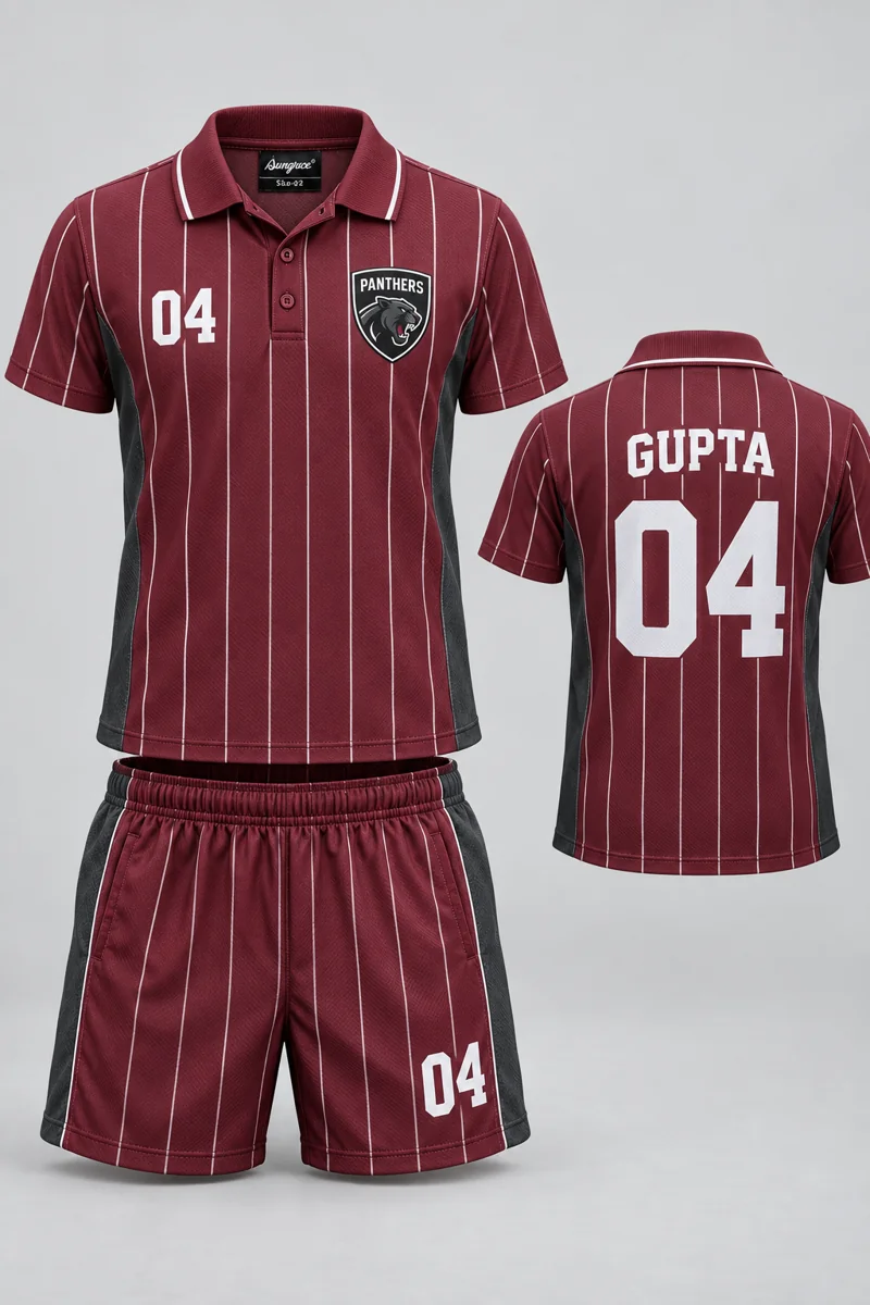 Children's Tennis kit: Burgundy Pinstripe, GUPTA 04, team crest and Sungrace neck label