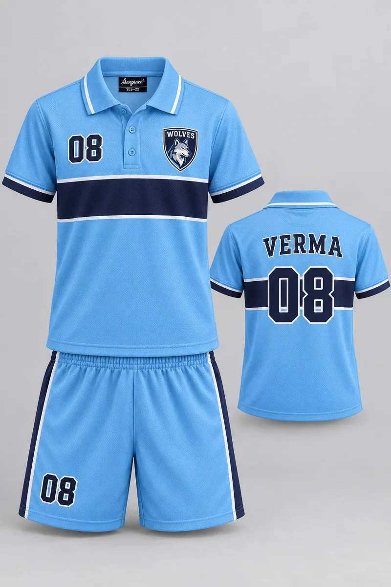 Children's Tennis kit: Sky Horizon, VERMA 08, team crest and Sungrace neck label