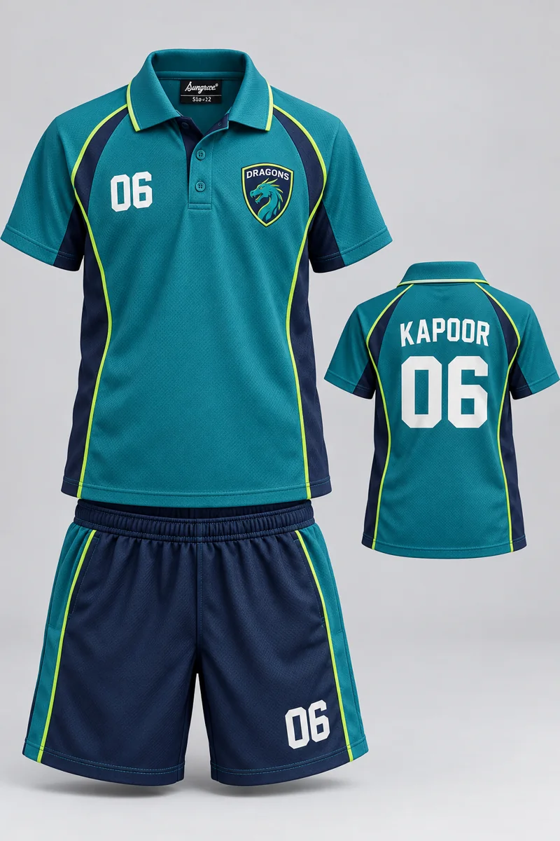 Children's Tennis kit: Teal Contour, KAPOOR 06, team crest and Sungrace neck label