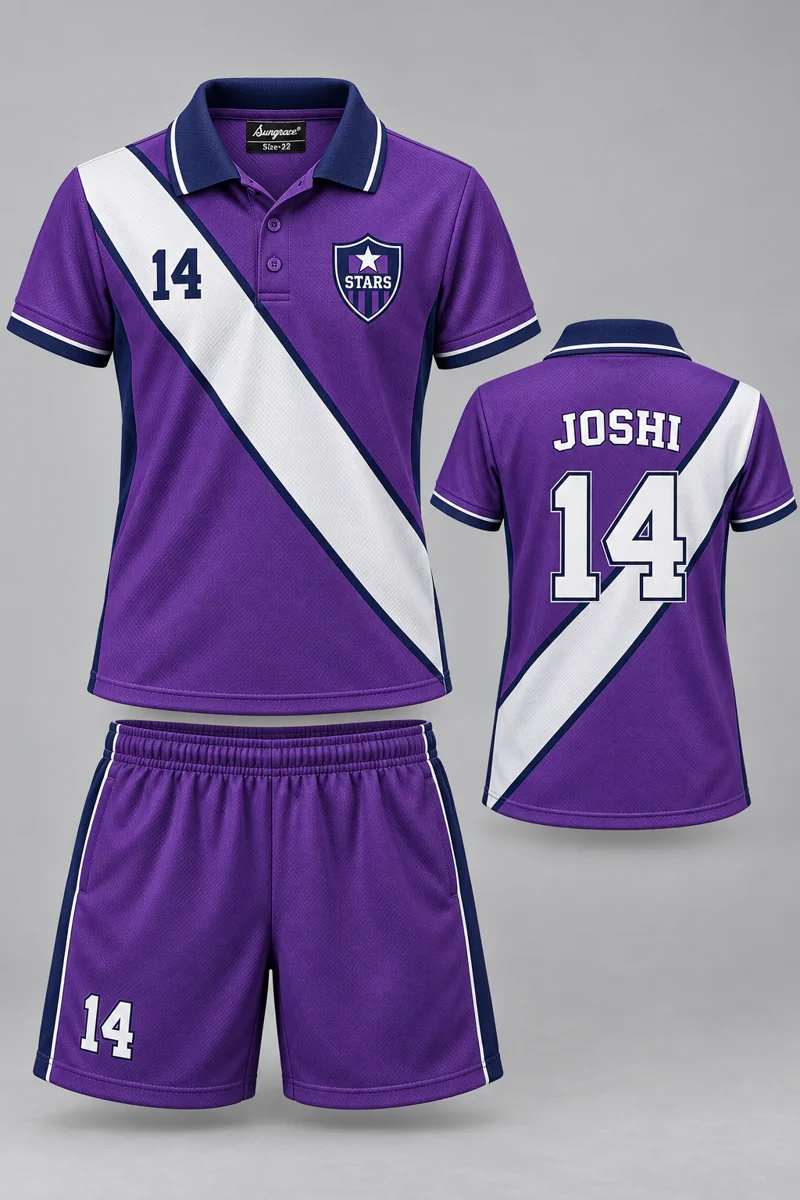 Children's Tennis kit: Violet Stride, JOSHI 14, team crest and Sungrace neck label