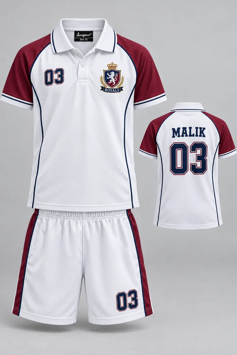 Children's Tennis kit: White Contrast, MALIK 03, team crest and Sungrace neck label