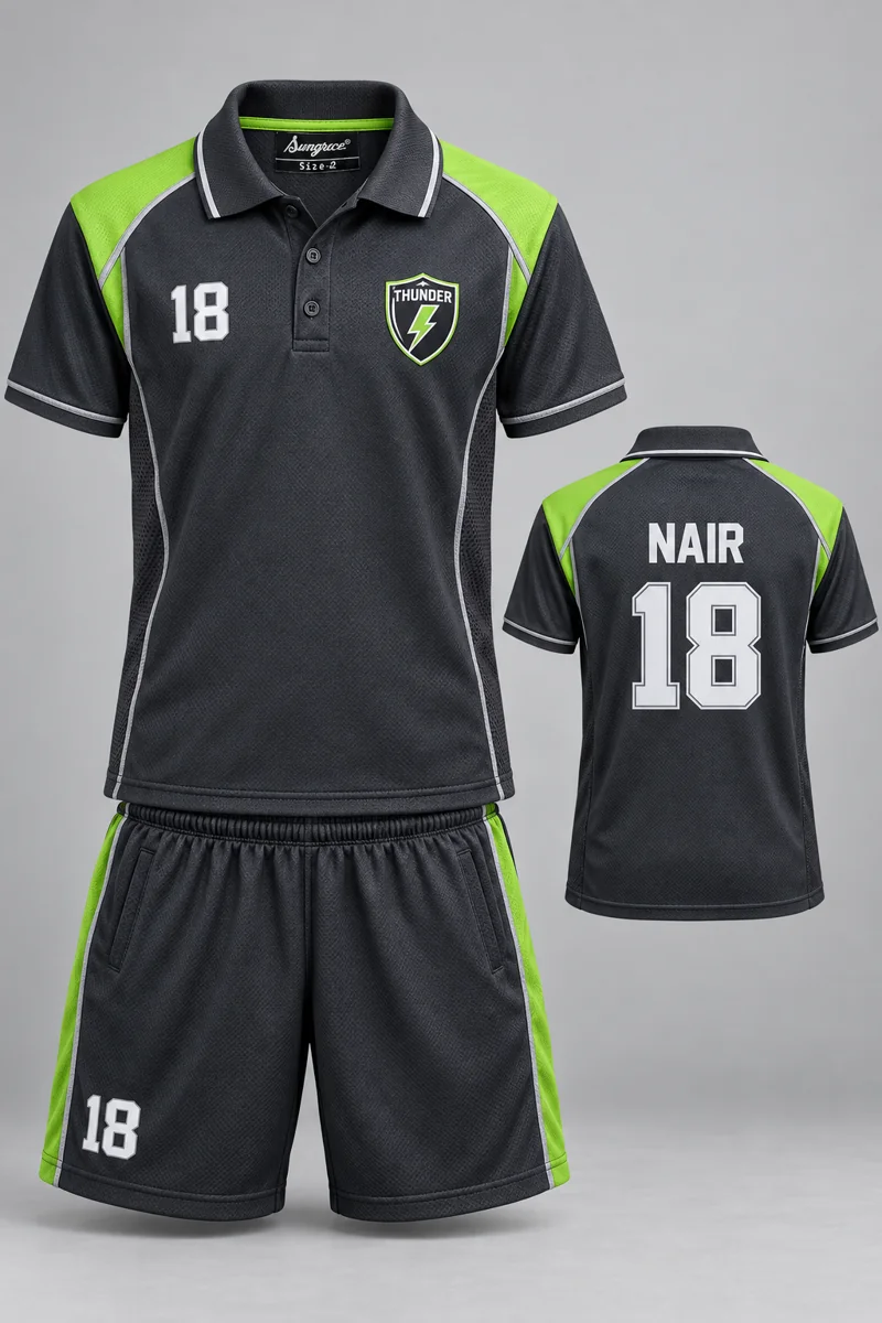 Children's Tennis kit: Charcoal Sprint, NAIR 18, team crest and Sungrace neck label