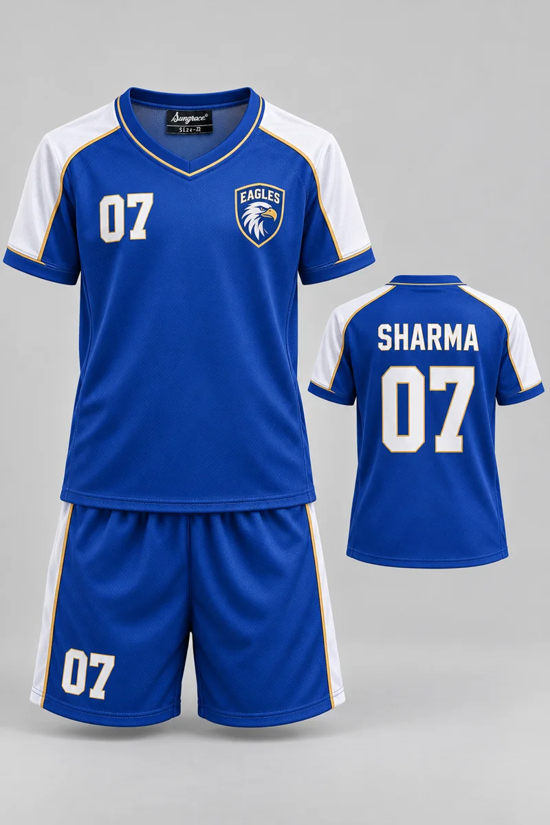 Children's Volleyball kit: Classic Royal, SHARMA 07, team crest and Sungrace neck label