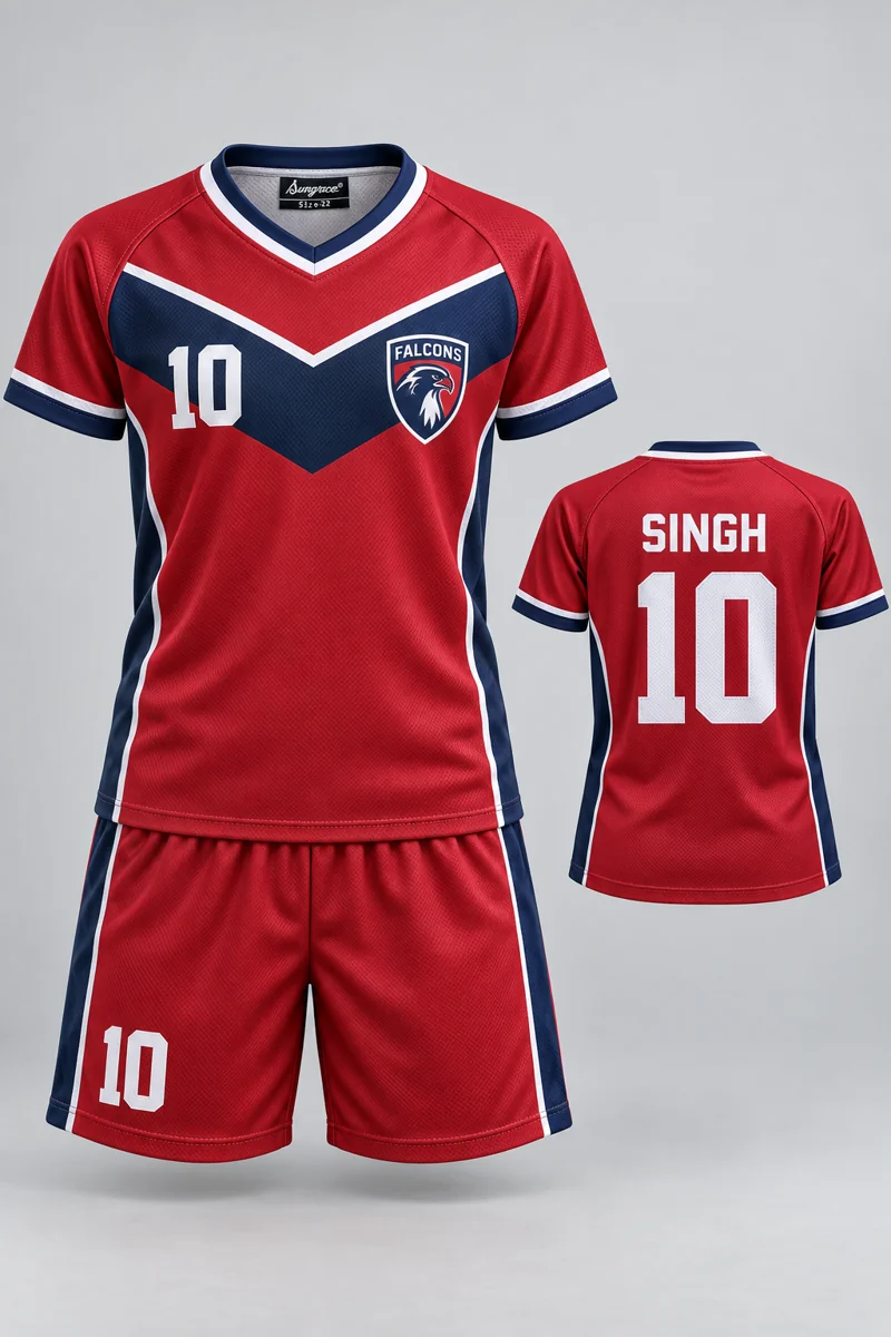 Children's Volleyball kit: Crimson Chevron, SINGH 10, team crest and Sungrace neck label