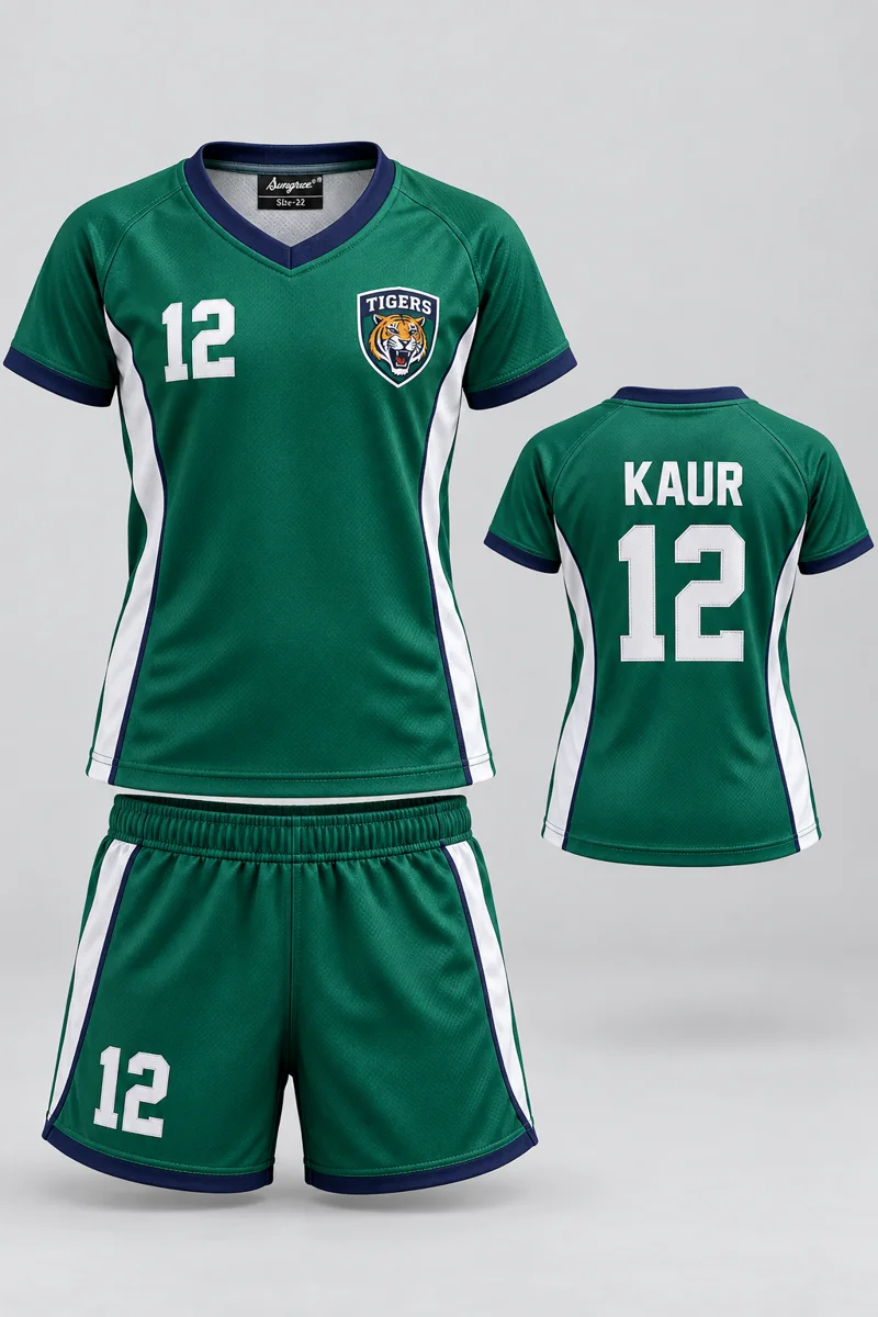 Children's Volleyball kit: Emerald Side Panel, KAUR 12, team crest and Sungrace neck label