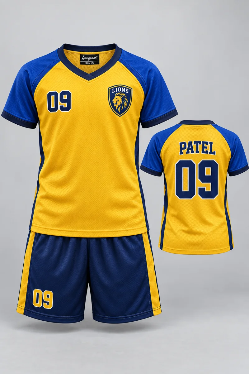 Children's Volleyball kit: Sunrise Gold, PATEL 09, team crest and Sungrace neck label