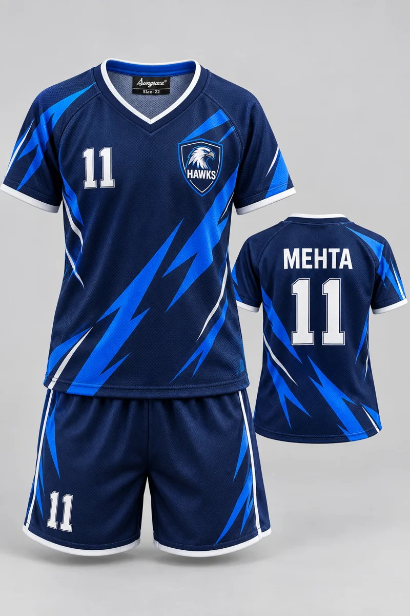 Children's Volleyball kit: Navy Lightning, MEHTA 11, team crest and Sungrace neck label