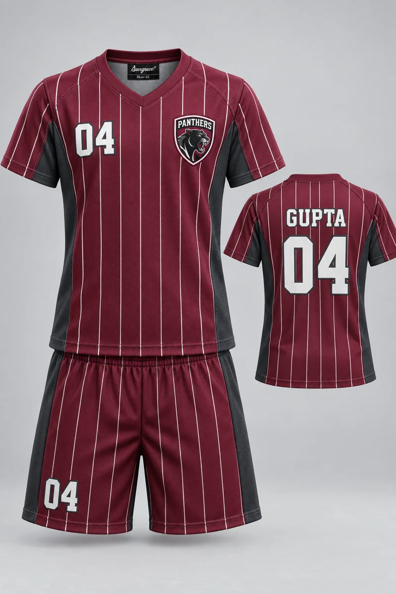 Children's Volleyball kit: Burgundy Pinstripe, GUPTA 04, team crest and Sungrace neck label