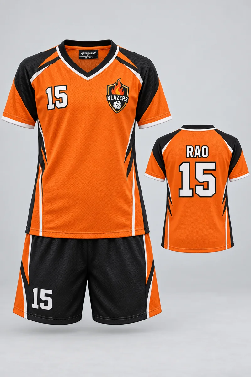 Children's Volleyball kit: Orange Velocity, RAO 15, team crest and Sungrace neck label