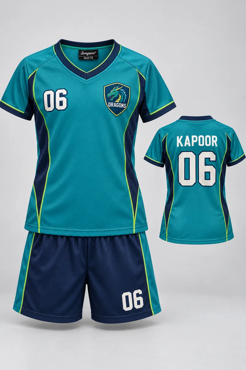 Children's Volleyball kit: Teal Contour, KAPOOR 06, team crest and Sungrace neck label
