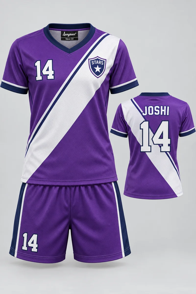Children's Volleyball kit: Violet Stride, JOSHI 14, team crest and Sungrace neck label