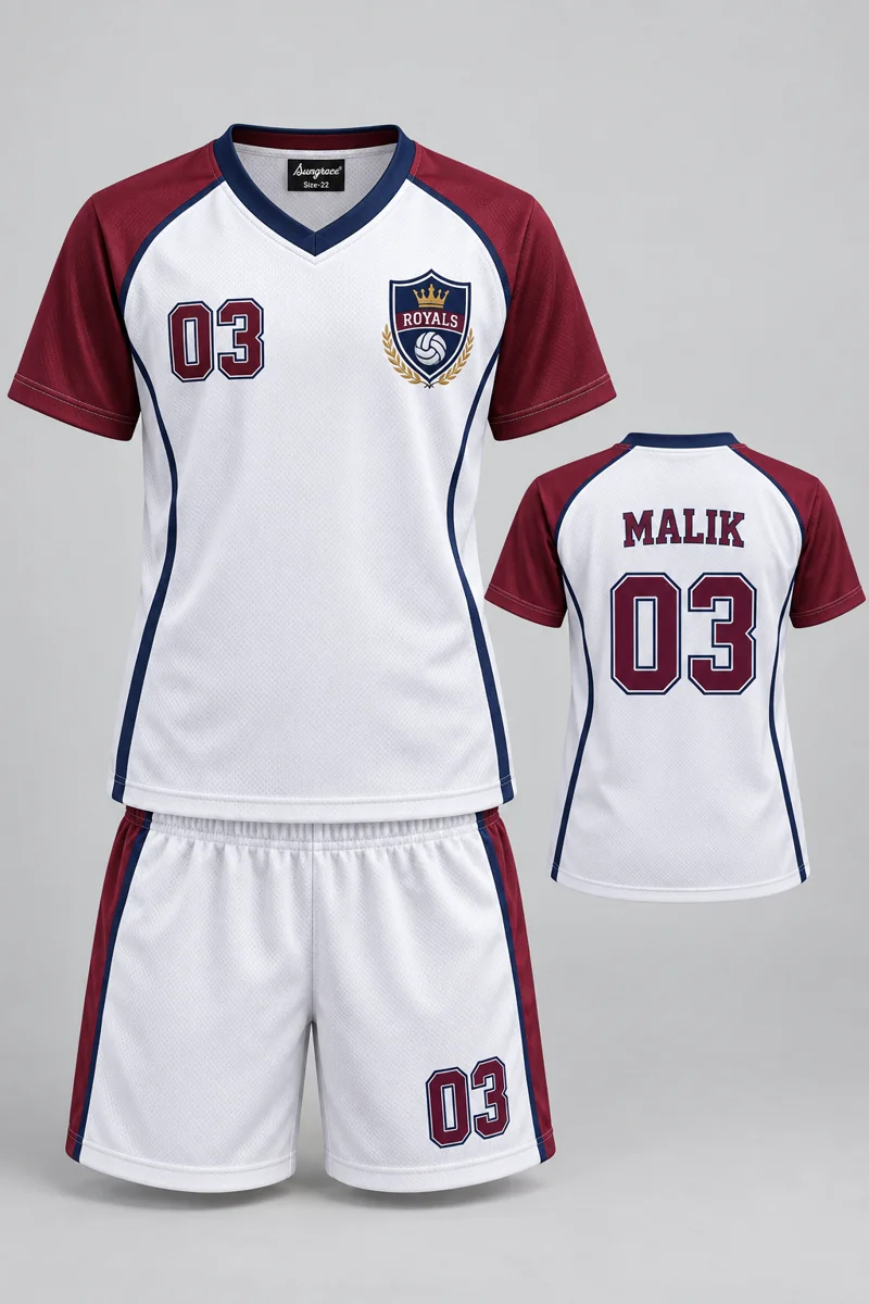 Children's Volleyball kit: White Contrast, MALIK 03, team crest and Sungrace neck label