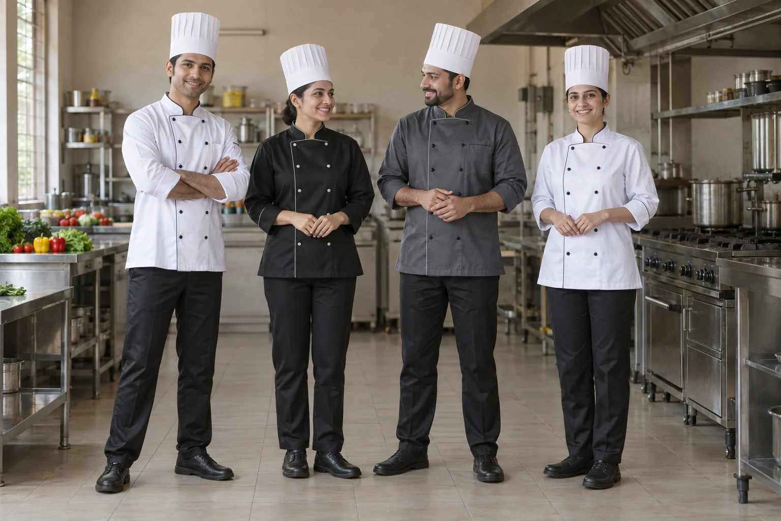 Catalogue design concept: Hospitality & Restaurant Uniforms. Chef coats, aprons, restaurant service wear and housekeeping uniforms for kitchens and guest-facing teams. North Indian models in an Indian setting.