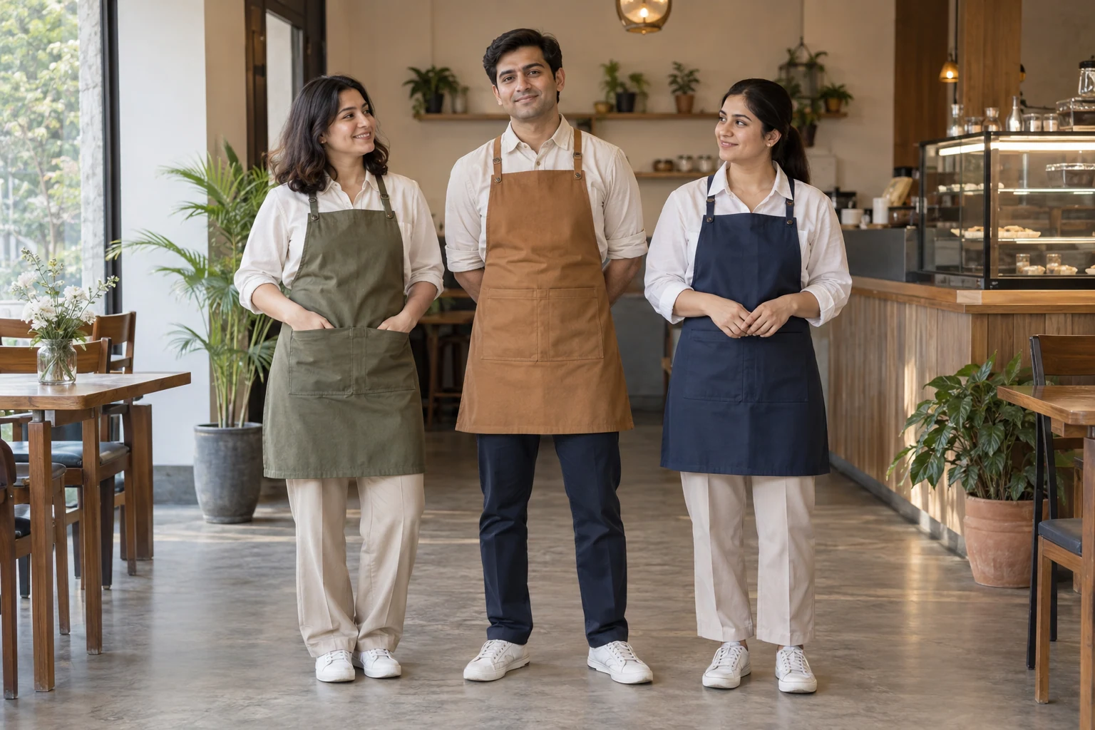 Catalogue design concept: Café Character. Bib aprons in olive, caramel and navy. North Indian models in an Indian setting.