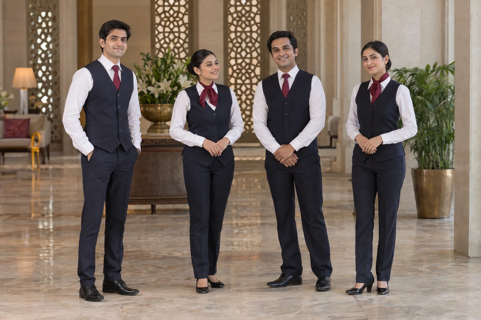 Catalogue design concept: A Warm Welcome. Navy waistcoats, white shirts and burgundy accents. North Indian models in an Indian setting.