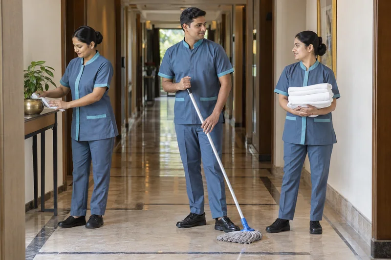 Details Behind Every Stay. Slate-blue housekeeping sets with muted teal trim. — collection preview